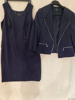 Emily Navy Textured Dress & Zip-Front Blazer Set